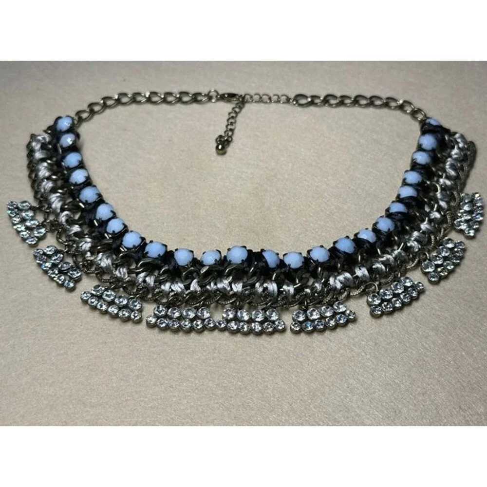 gunmetal statement necklace black ribbon weave crystal fringe bib jewelry nwt
